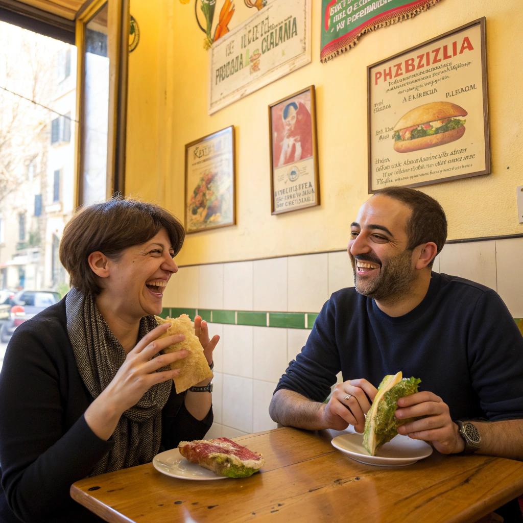 Clienti soddisfatti che gustano i loro panini